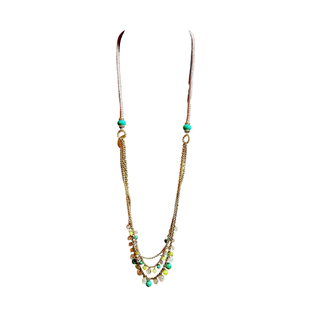 Monet VTG Green Beaded,‎ Tiered Gold Tone Chain & Single Satin Cord Necklace 34"